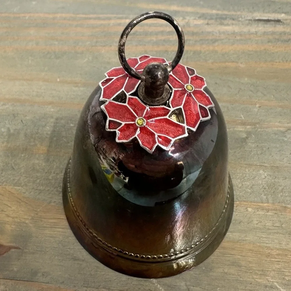 Vintage Wallace Silver‎ Plated Christmas Bell Ornament Enamel Poinsettias 1973